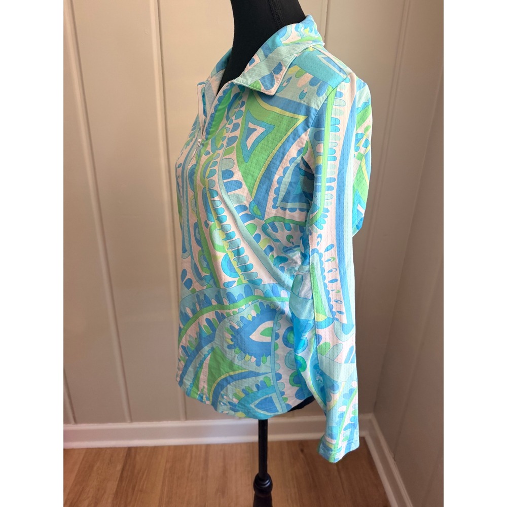 Icikuls Sun Shirt Long Sleeve Quarter Zip Blue Green Paisley Large UPF 50 Top - Picture 5 of 7